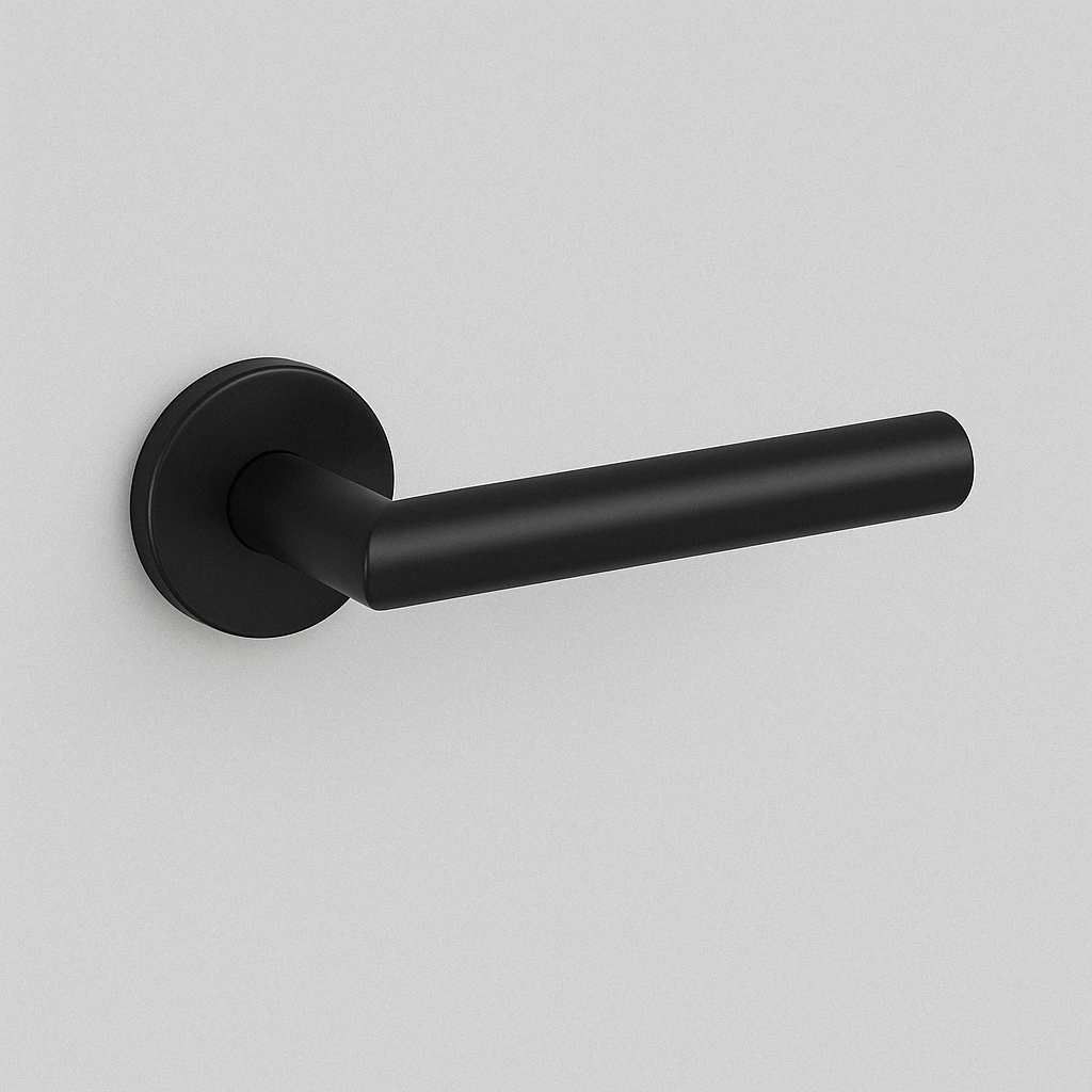 Matte black AHI 103 door lever, a straight round-bar lever on a round rose.