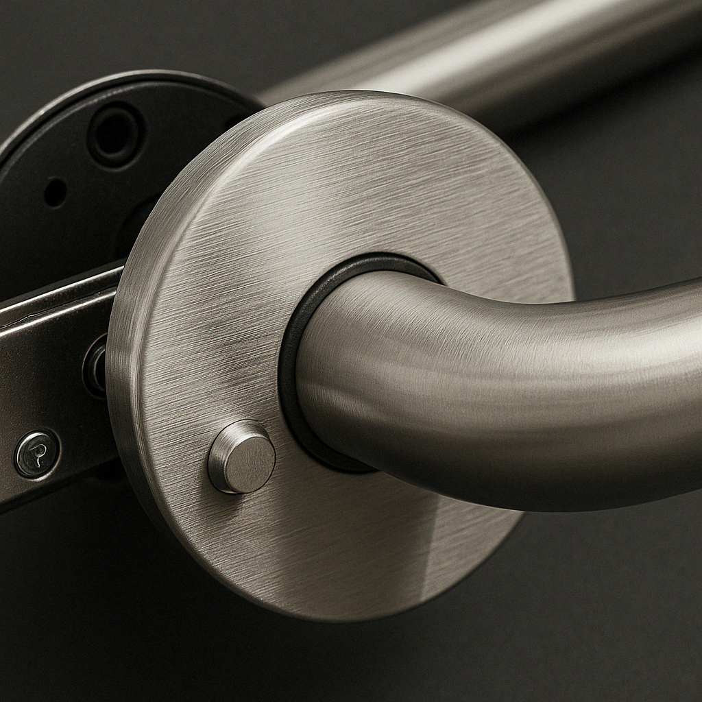 Satin stainless steel AHI 103 door lever fitted to a door.