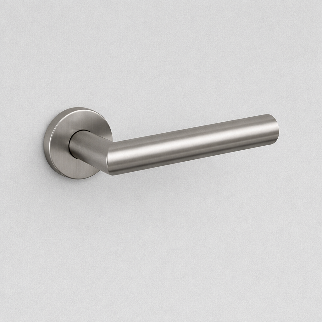 Satin stainless steel AHI 104 door lever, a plain round-bar lever on a round rose.