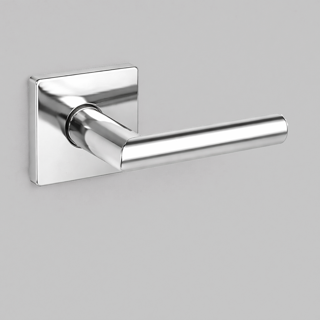 Polished chrome AHI 104 door lever, a plain round-bar lever on a square rose.