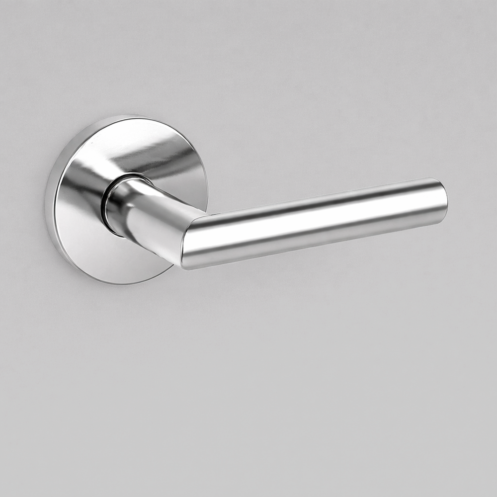 Polished chrome AHI 104 door lever, a plain round-bar lever on a round rose.