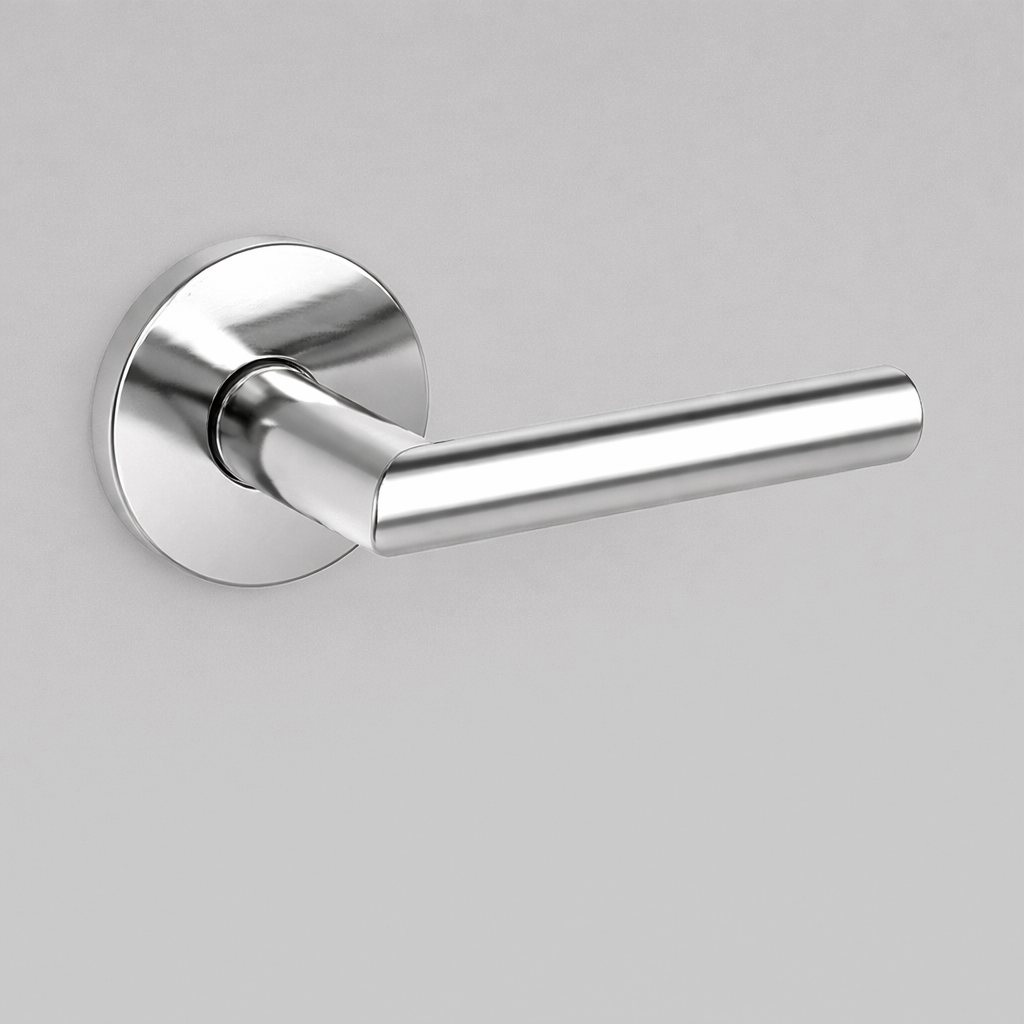 Polished chrome AHI 104 door lever, a plain round-bar lever on a round rose.