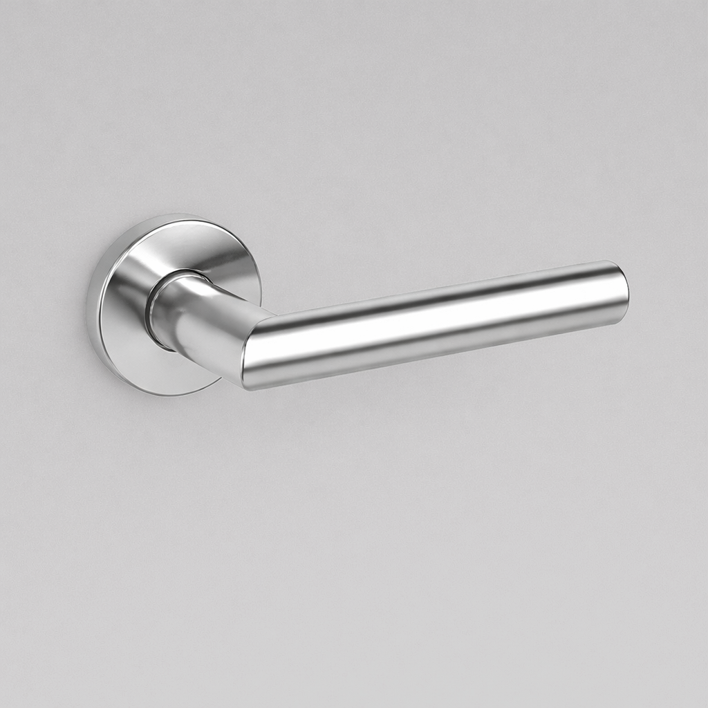 Polished chrome AHI 104 door lever, a plain round-bar lever on a round rose.