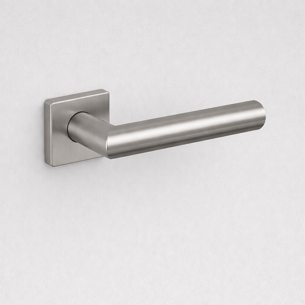 Satin stainless steel AHI 104 door lever, a plain round-bar lever on a square rose.