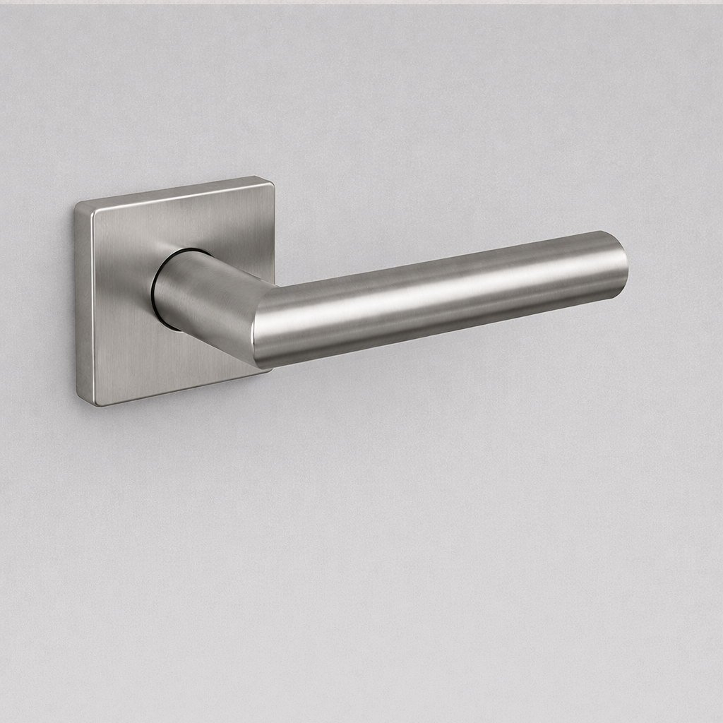 Satin stainless steel AHI 104 door lever, a plain round-bar lever on a square rose.