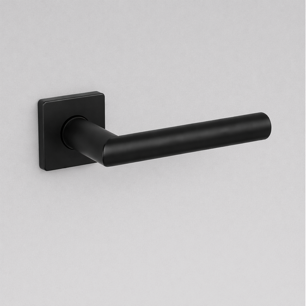 Matte black AHI 104 door lever, a plain round-bar lever on a square rose.