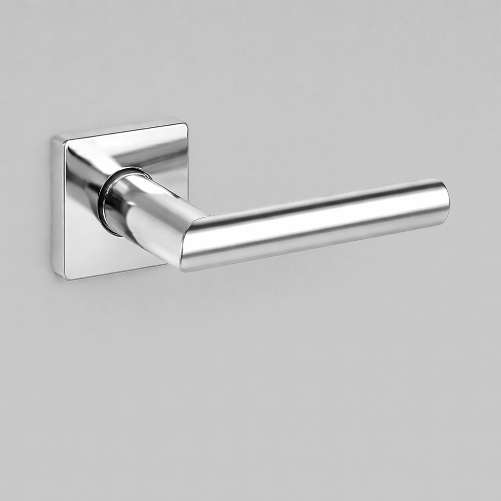 Polished chrome AHI 104 door lever, a plain round-bar lever on a square rose.