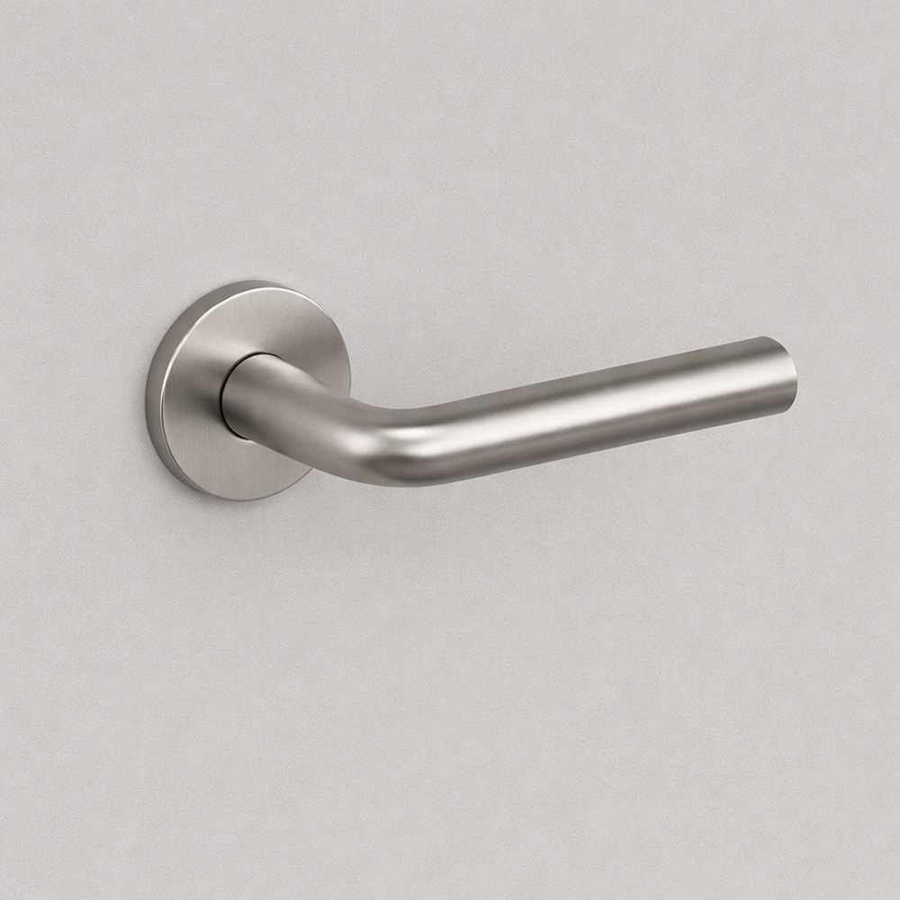 Satin stainless steel AHI 105 door lever, a curved round-bar lever on a round rose.