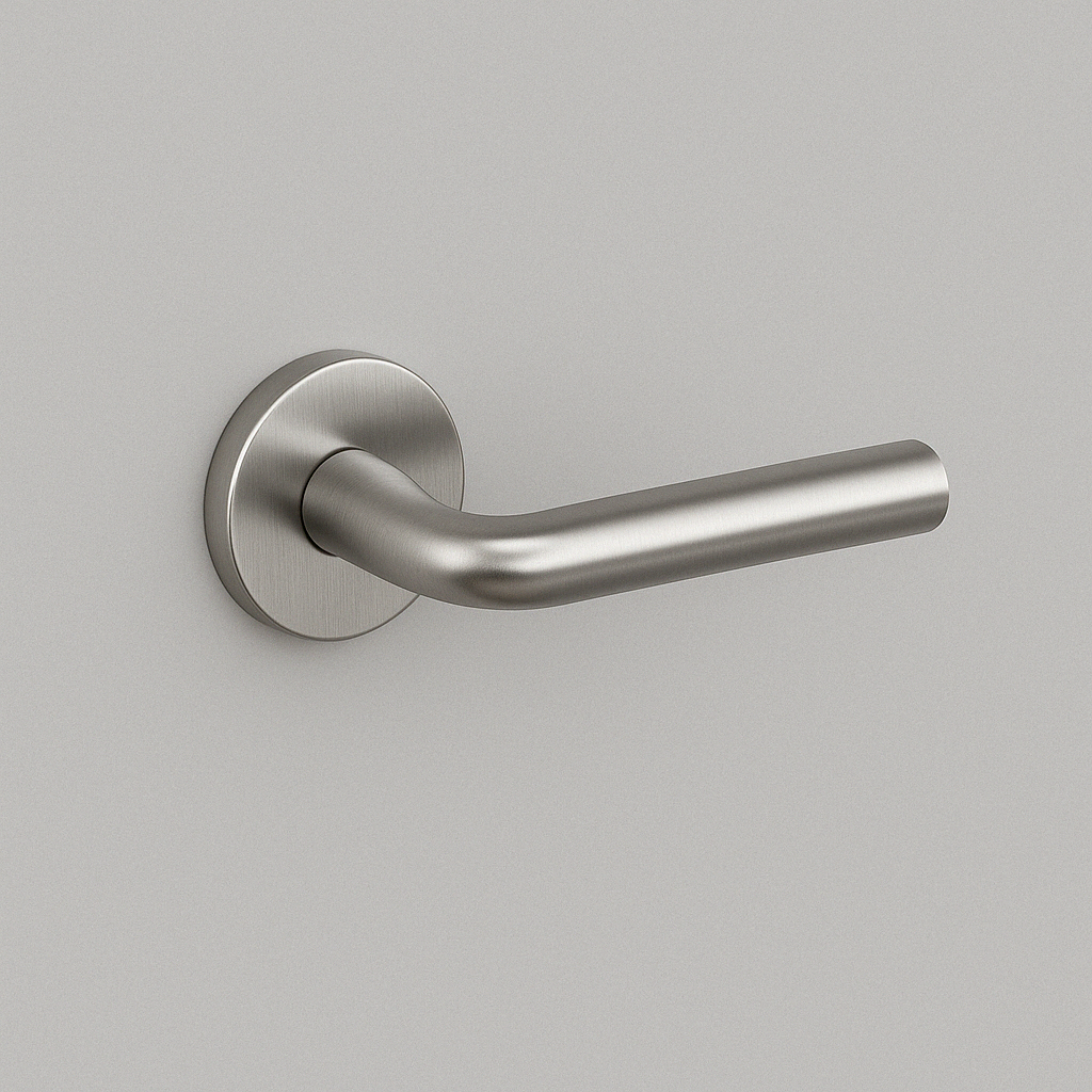 Satin stainless steel AHI 105 door lever, a curved round-bar lever on a round rose.