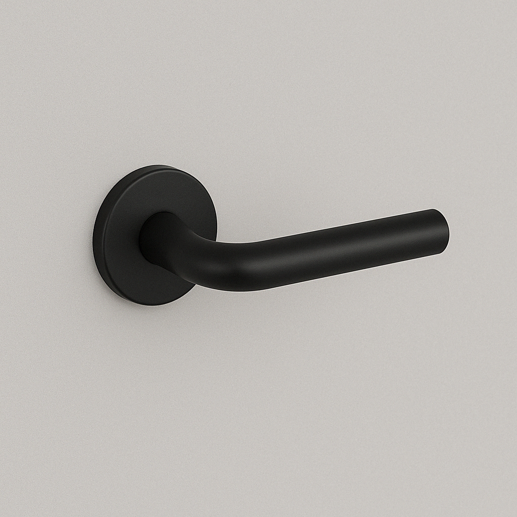 Matte black AHI 105 door lever, a curved round-bar lever on a round rose.
