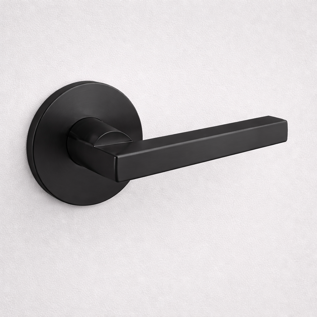 Matte black AHI 110 door lever, a square-section angular lever on a round rose.