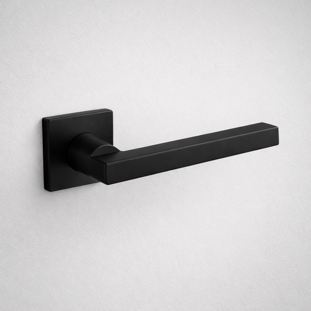 Matte black AHI 110 door lever, a square-section angular lever on a square rose.