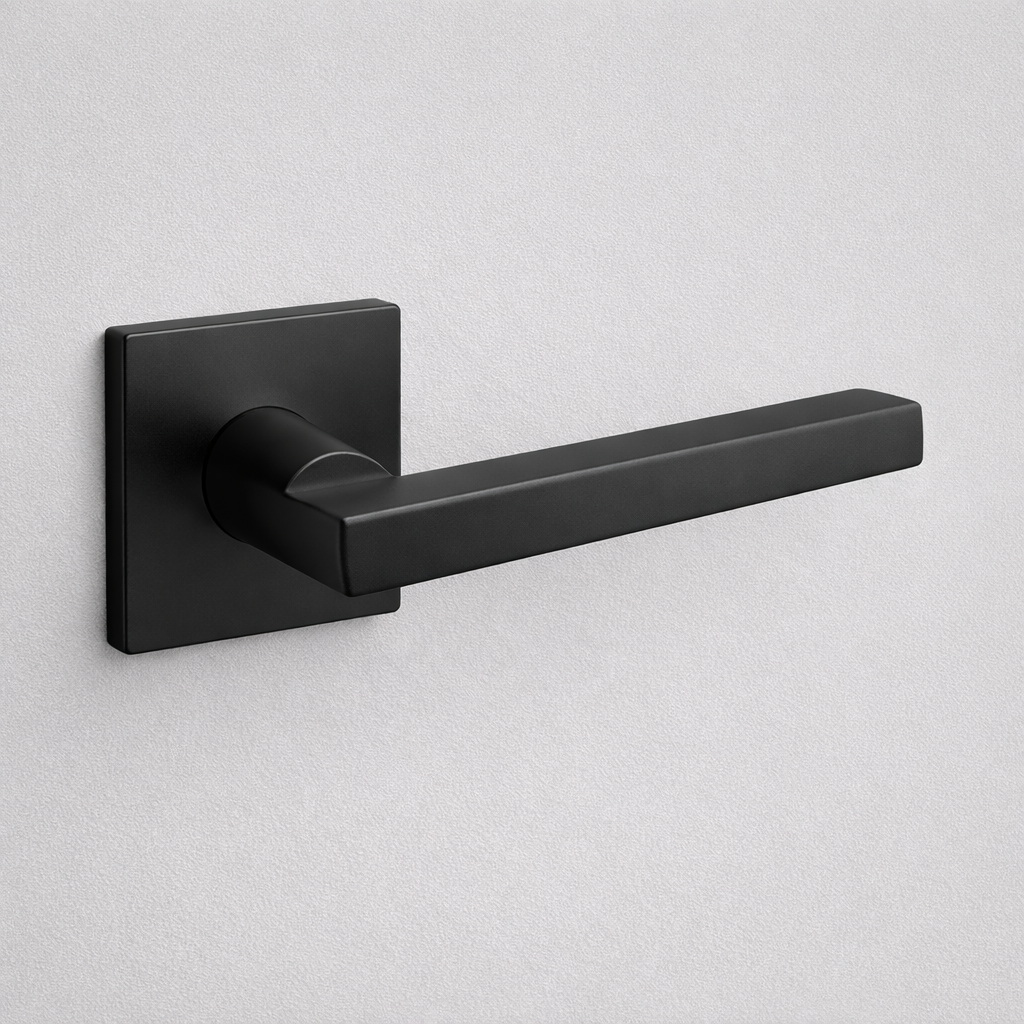 Matte black AHI 110 door lever, a square-section angular lever on a square rose.