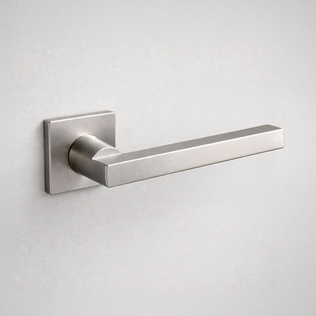 Satin stainless steel AHI 110 door lever, a square-section angular lever on a square rose.