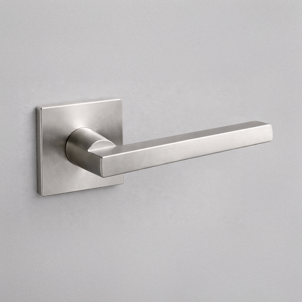 Satin stainless steel AHI 110 door lever, a square-section angular lever on a square rose.