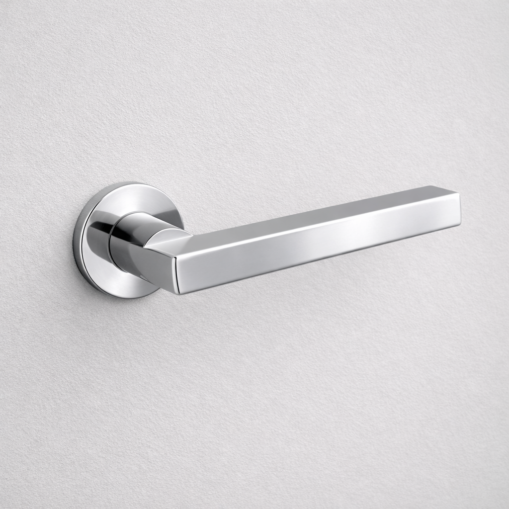 Polished chrome AHI 110 door lever, a square-section angular lever on a round rose.