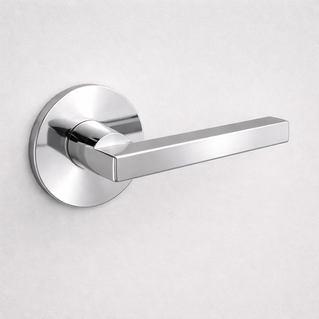 Polished chrome AHI 110 door lever, a square-section angular lever on a round rose.