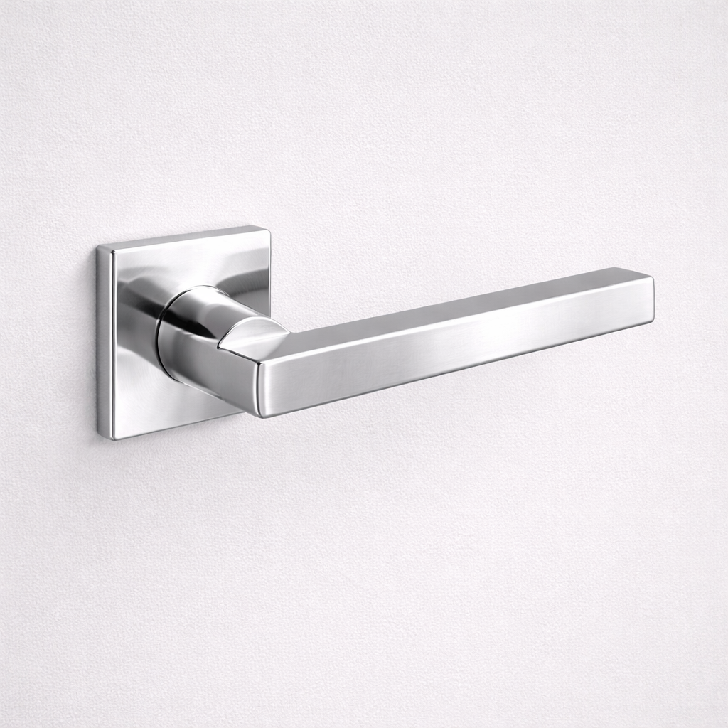 Polished chrome AHI 110 door lever, a square-section angular lever on a square rose.