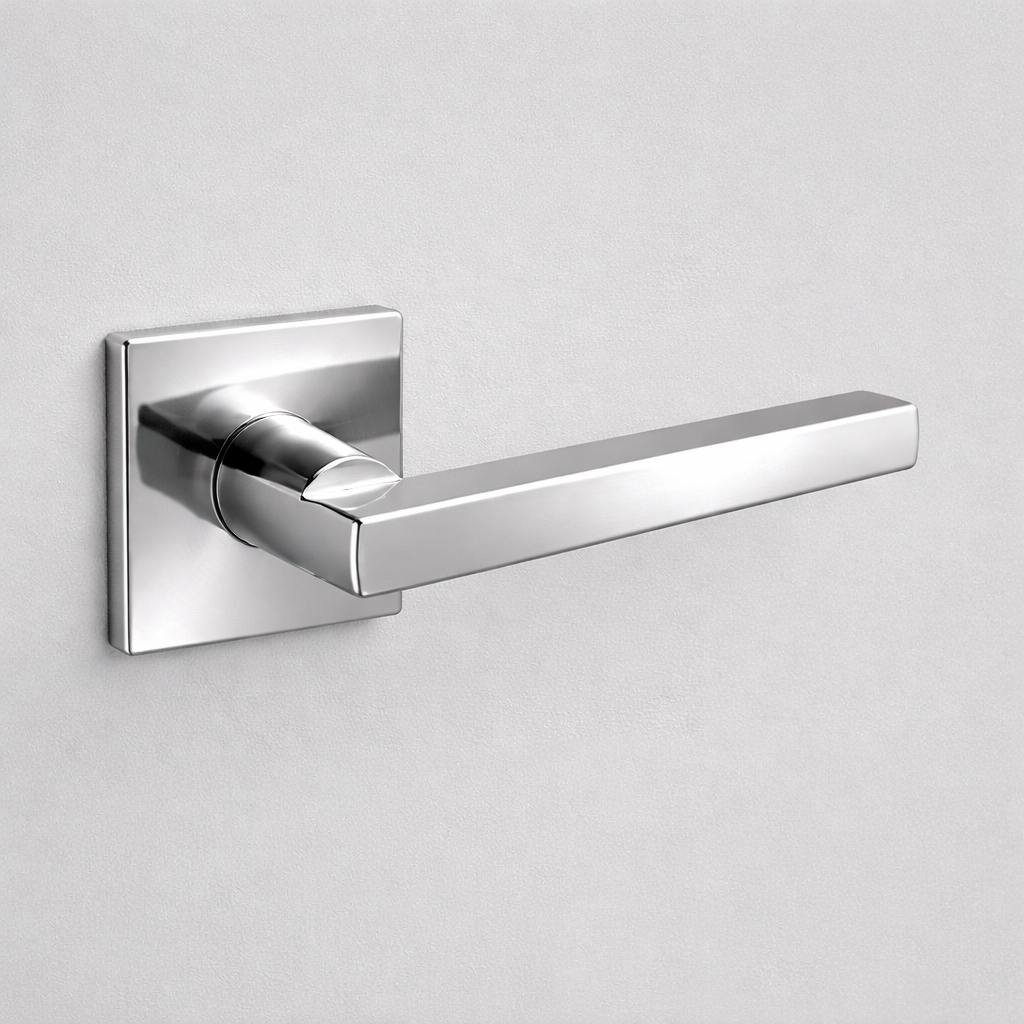 Polished chrome AHI 110 door lever, a square-section angular lever on a square rose.