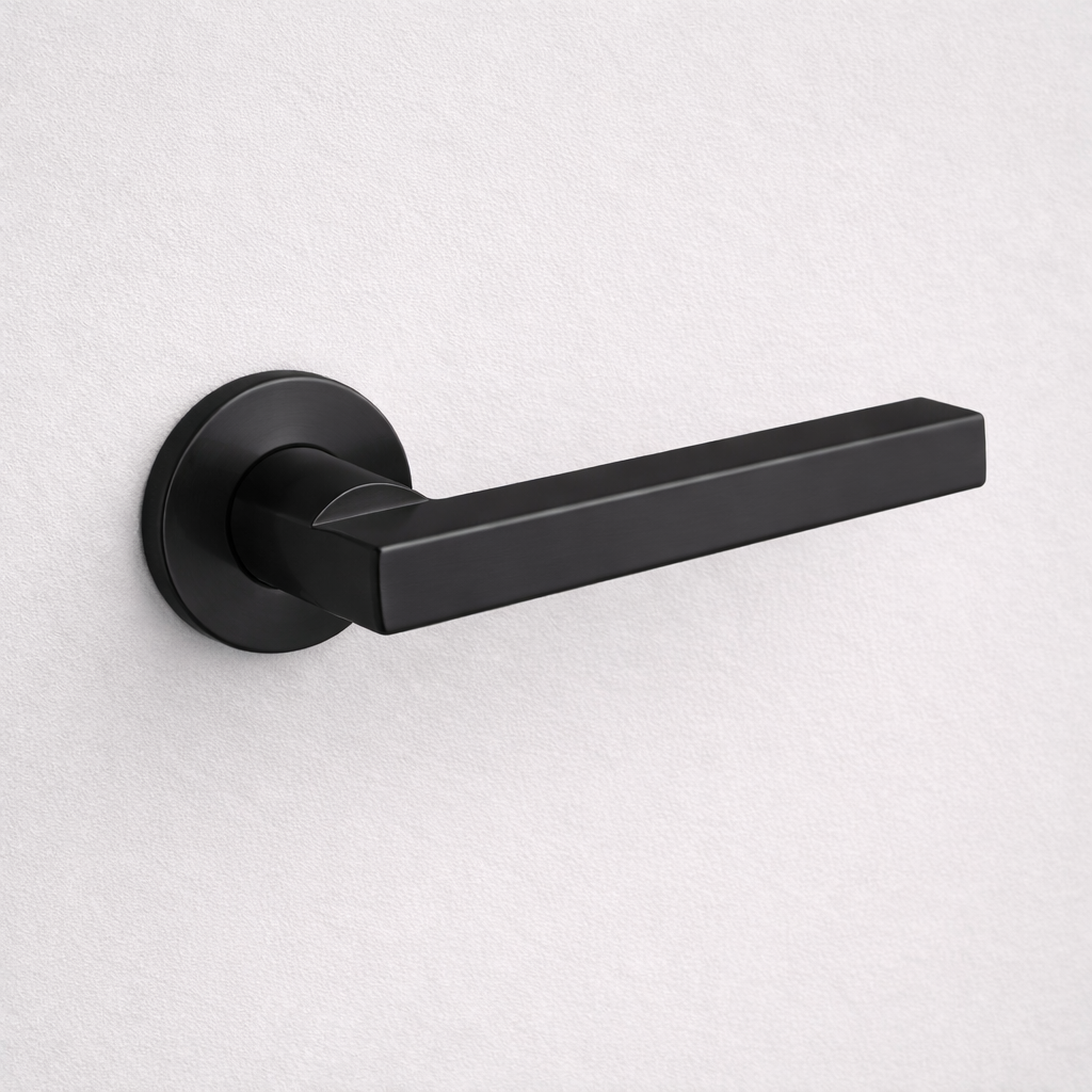 Matte black AHI 110 door lever, a square-section angular lever on a round rose.