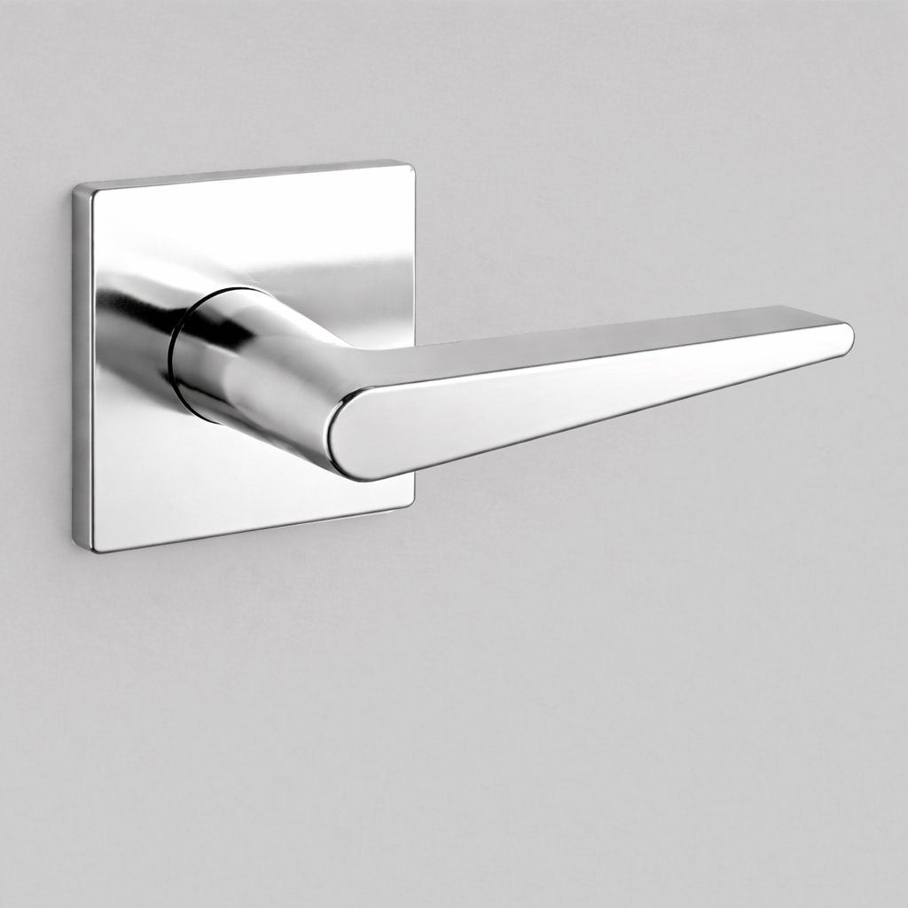 Polished chrome AHI 135 door lever, an angular flat lever on a square rose.