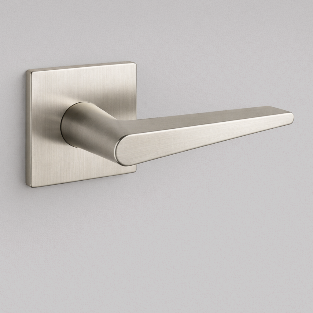Satin stainless steel AHI 135 door lever, an angular flat lever on a square rose.