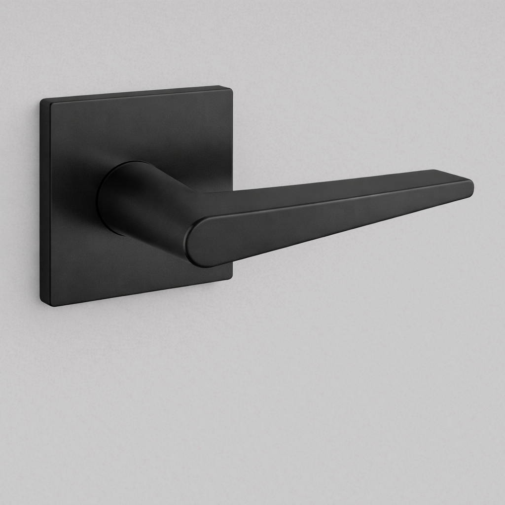 Matte black AHI 135 door lever, an angular flat lever on a square rose.