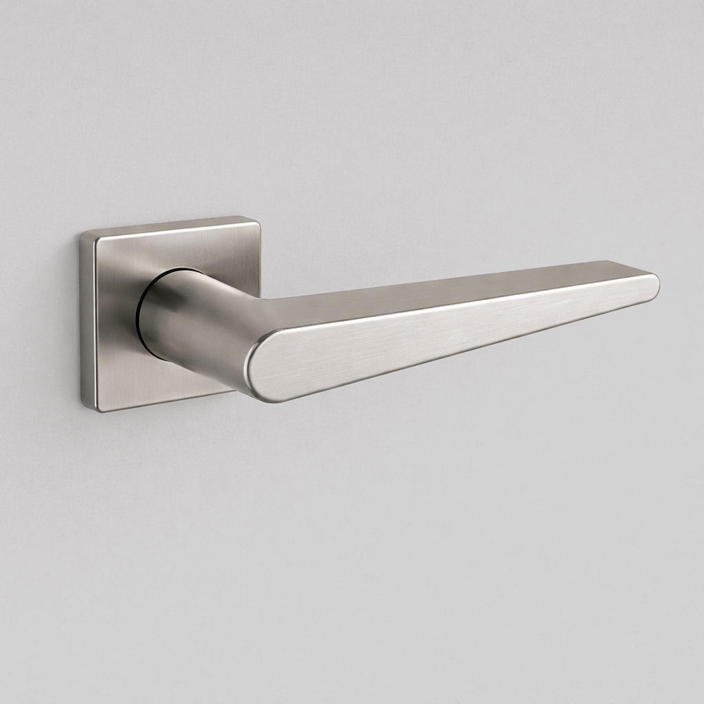 Satin stainless steel AHI 135 door lever, an angular flat lever on a square rose.
