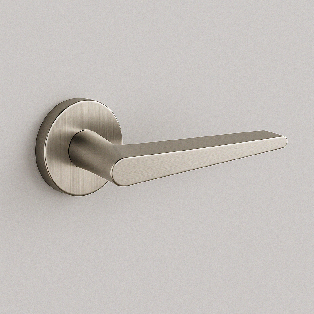 Satin stainless steel AHI 135 door lever, an angular flat lever on a round rose.