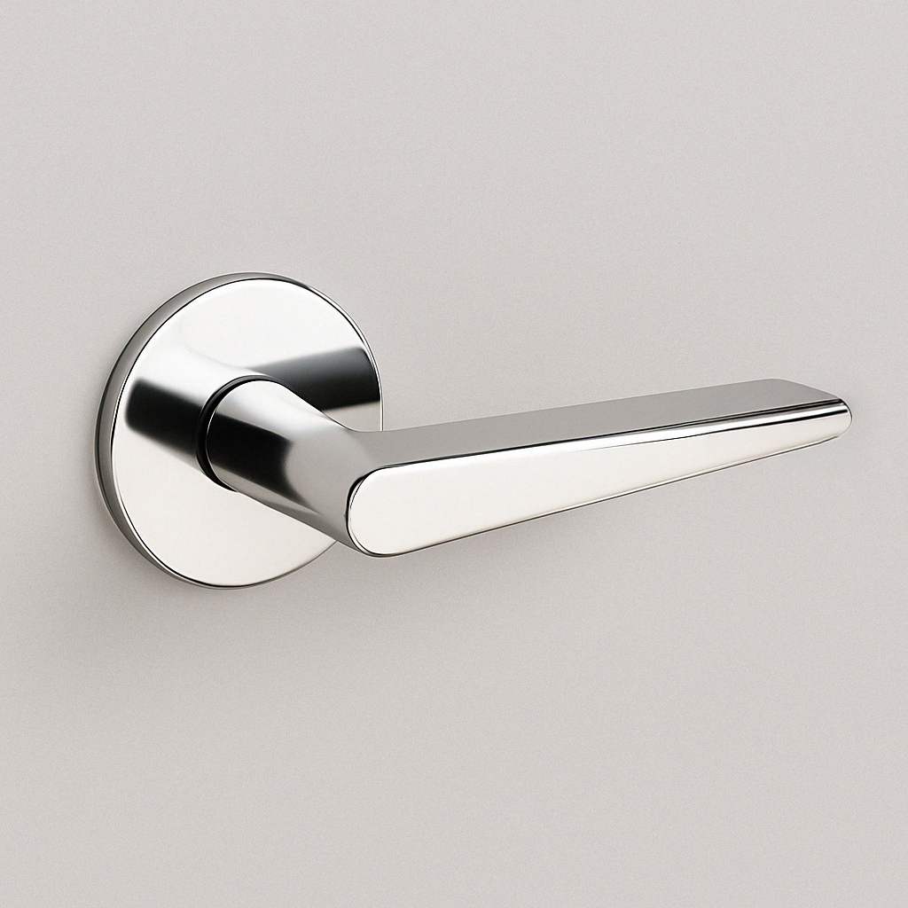 Polished chrome AHI 135 door lever, an angular flat lever on a round rose.