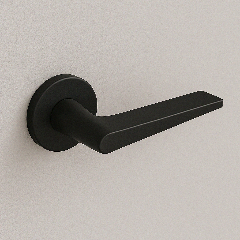 Matte black AHI 135 door lever, an angular flat lever on a round rose.