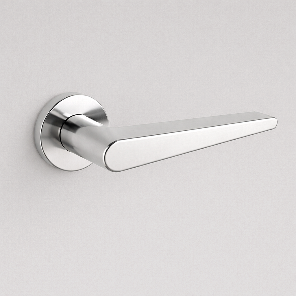 Polished chrome AHI 135 door lever, an angular flat lever on a round rose.