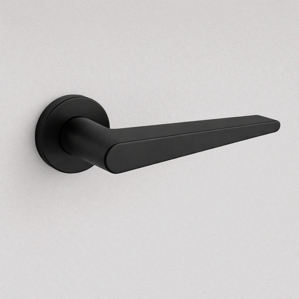 Matte black AHI 135 door lever, an angular flat lever on a round rose.