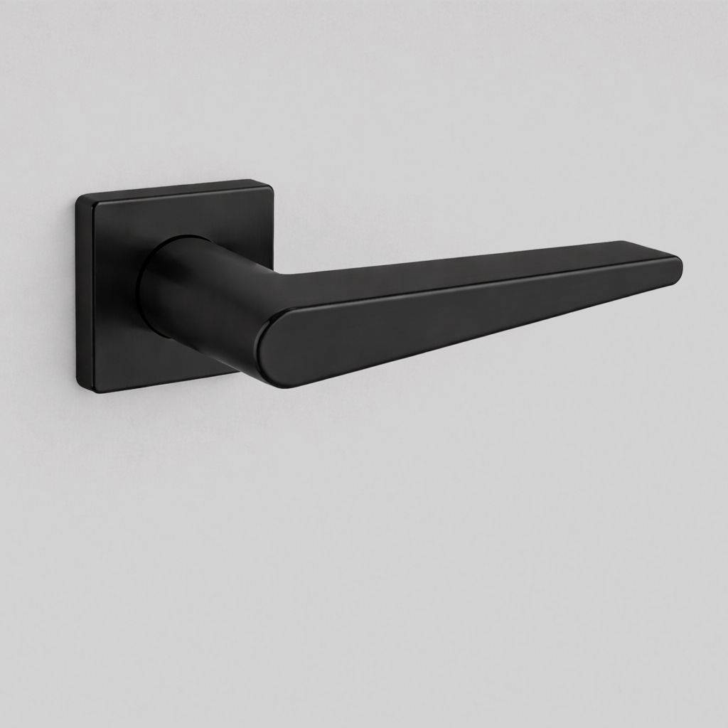 Matte black AHI 135 door lever, an angular flat lever on a square rose.