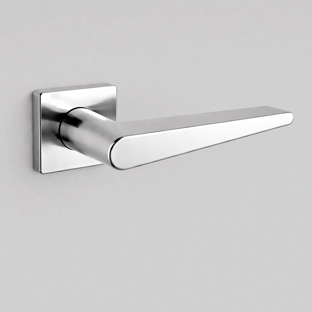 Polished chrome AHI 135 door lever, an angular flat lever on a square rose.
