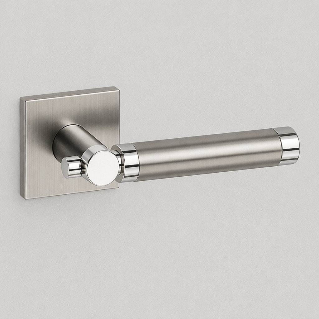 Satin stainless steel AHI 152 door lever with a knurled grip on a square rose.
