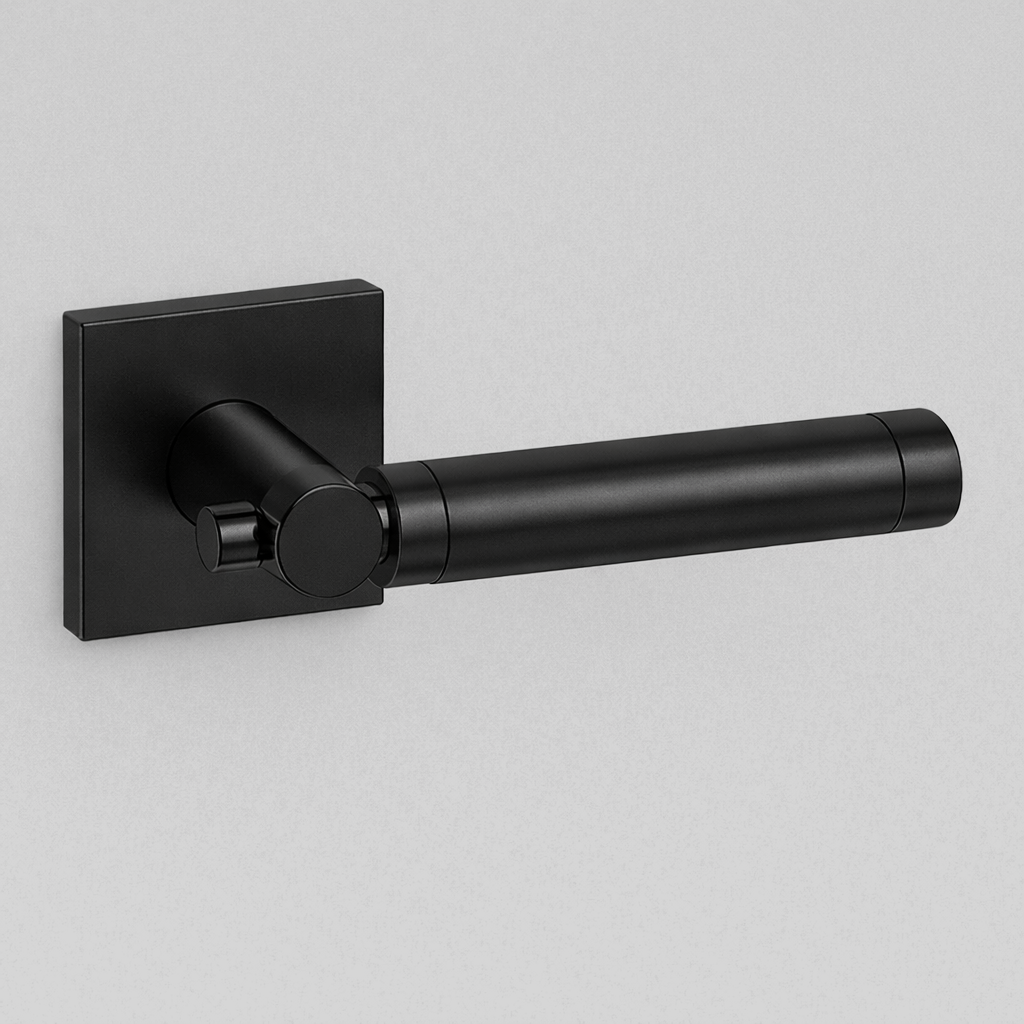 Matte black AHI 152 door lever with a knurled grip on a square rose.
