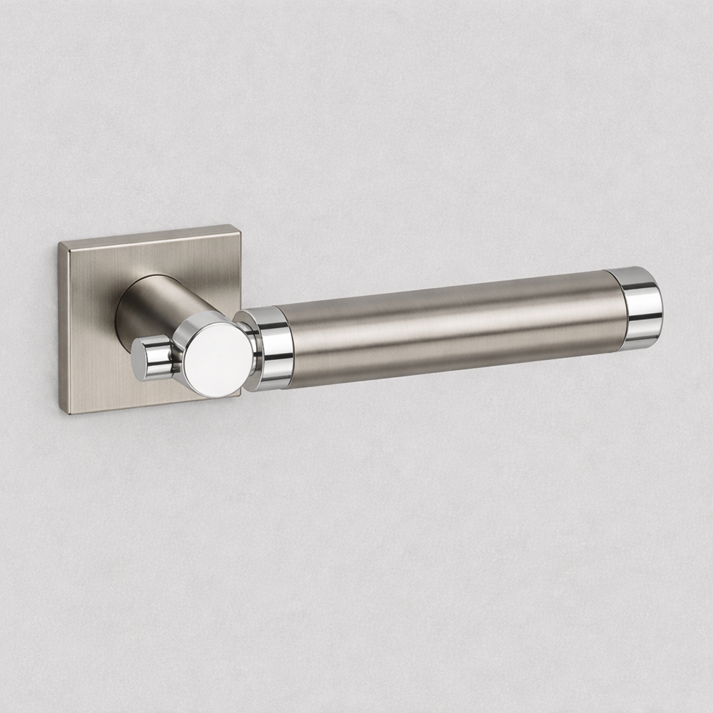 Satin stainless steel AHI 152 door lever with a knurled grip on a square rose.