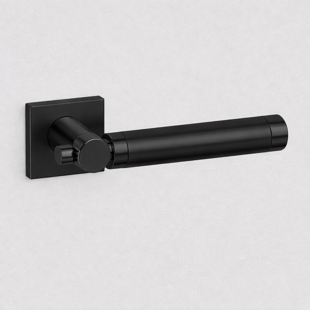 Matte black AHI 152 door lever with a knurled grip on a square rose.