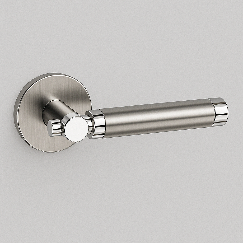 Satin stainless steel AHI 152 door lever with a knurled grip on a round rose.