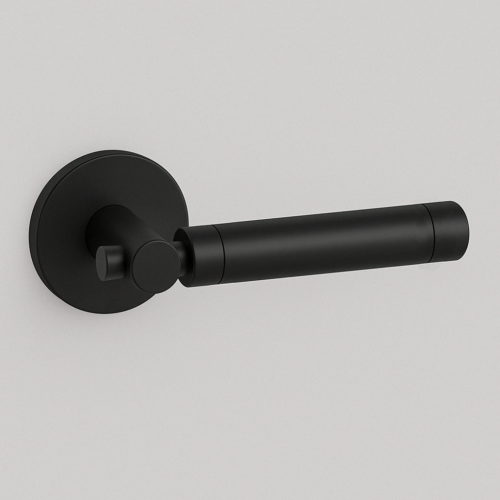 Matte black AHI 152 door lever with a knurled grip on a round rose.