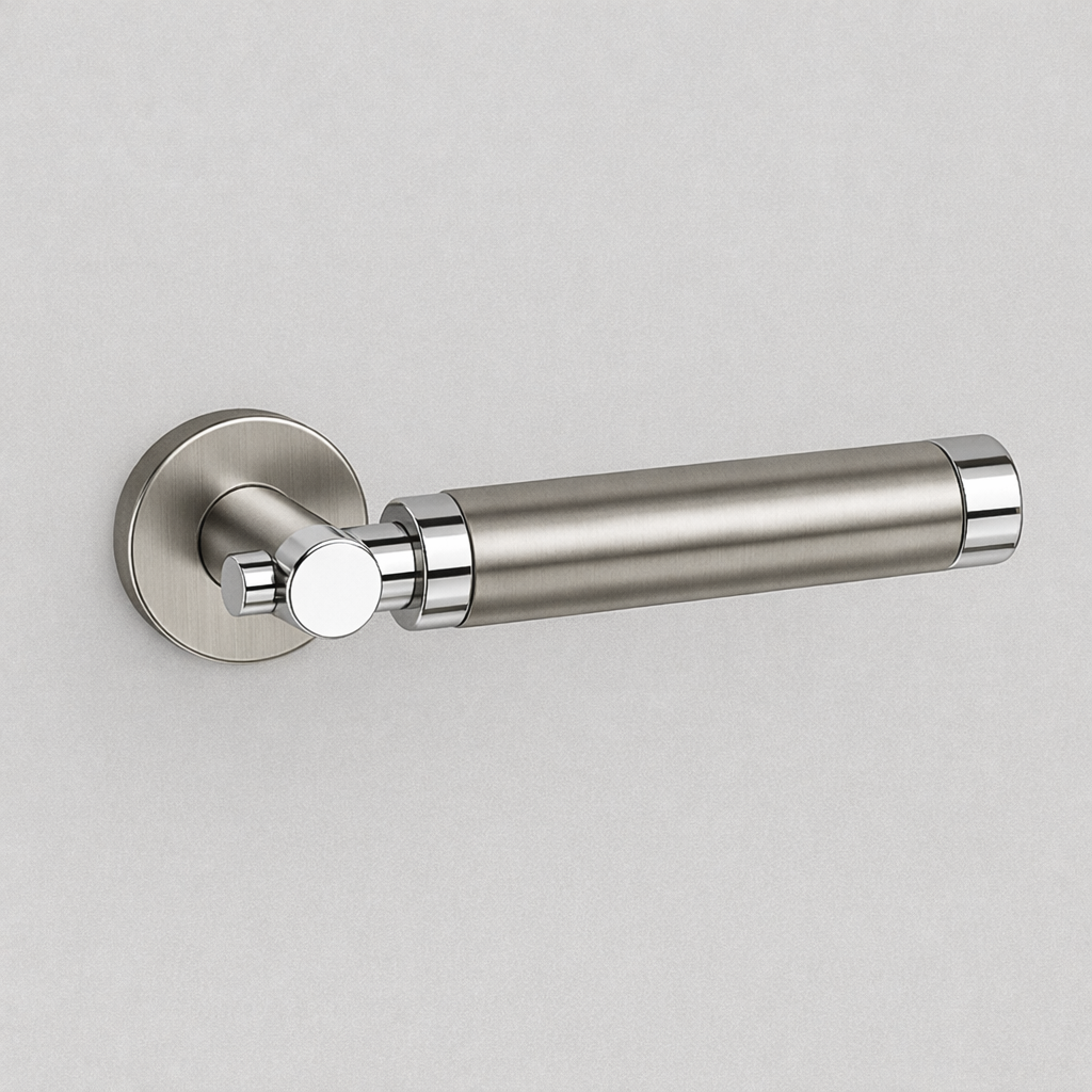 Satin stainless steel AHI 152 door lever with a knurled grip on a round rose.