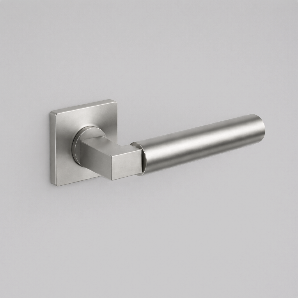 Satin stainless steel AHI 157 door lever, a round-bar lever with a stepped collar on a square rose.
