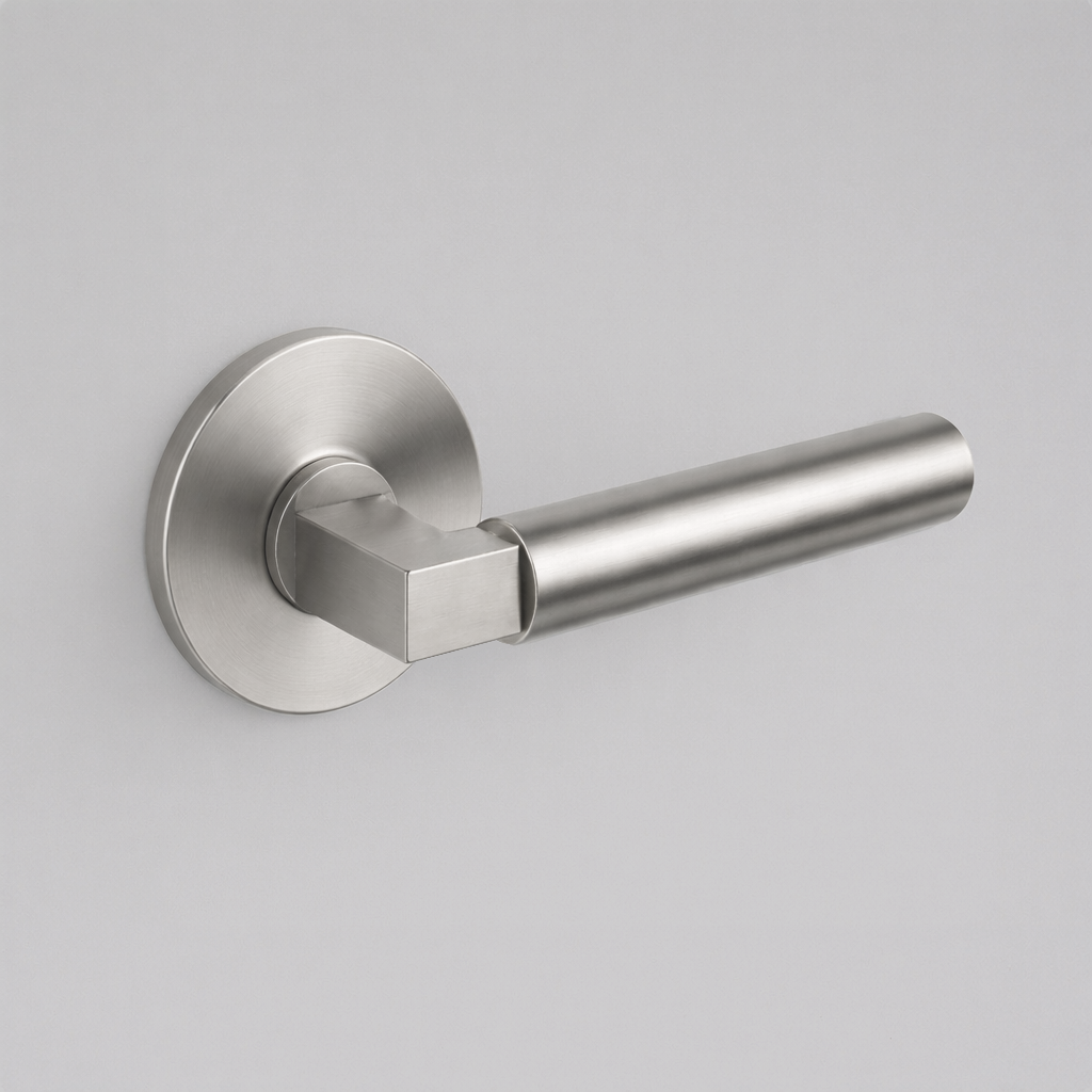 Satin stainless steel AHI 157 door lever, a round-bar lever with a stepped collar on a round rose.