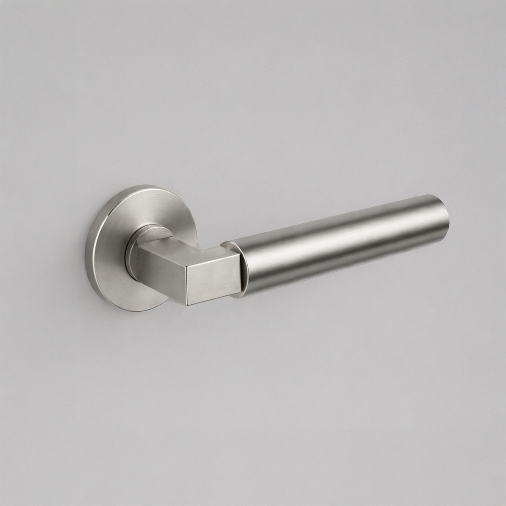 Satin stainless steel AHI 157 door lever, a round-bar lever with a stepped collar on a round rose.