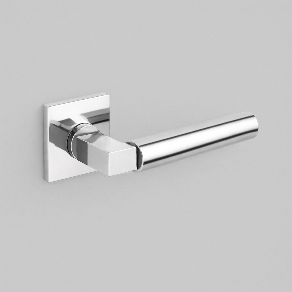 Polished chrome AHI 157 door lever, a round-bar lever with a stepped collar on a square rose.