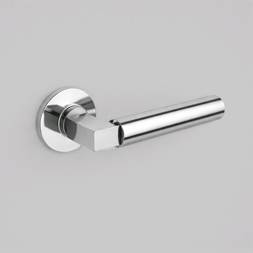 Polished chrome AHI 157 door lever, a round-bar lever with a stepped collar on a round rose.