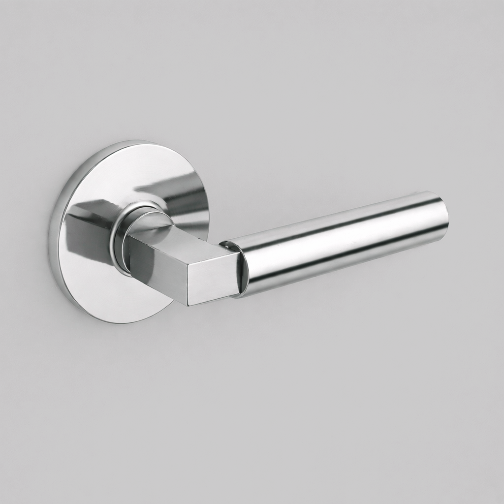 Polished chrome AHI 157 door lever, a round-bar lever with a stepped collar on a round rose.