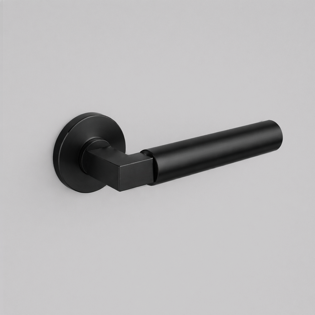 Matte black AHI 157 door lever, a round-bar lever with a stepped collar on a round rose.