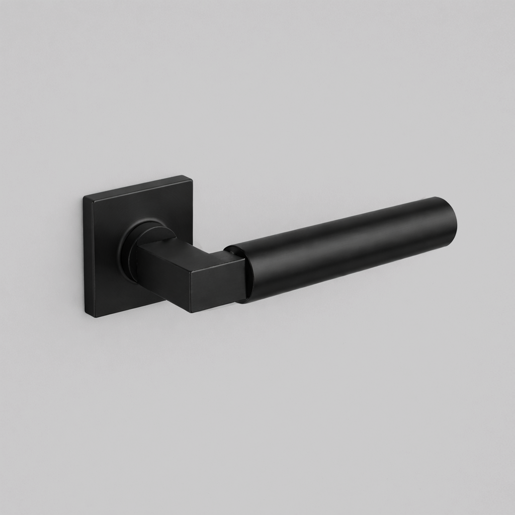 Matte black AHI 157 door lever, a round-bar lever with a stepped collar on a square rose.